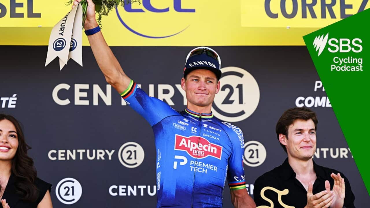 USSEL, FRANCE - JULY 12: Mathieu van der Poel of Netherlands and Team Alpecin-Premier Tech celebrates at podium as stage winner during the 113th Tour de France 2026, Stage 9 a 155.5km stage from Malemort to Ussel / Stage shortened due to a red alert for a heatwave / #UCIWT / on July 12, 2026 in Ussel, France. (Photo by Dario Belingheri/Getty Images)
