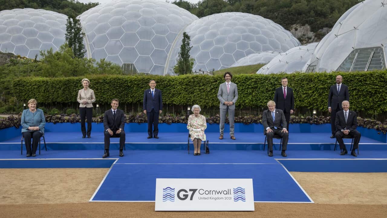 Queen Elizabeth II poses with G7 leaders before a reception. Photo credit:Jack Hill/The Times/PA Wire
