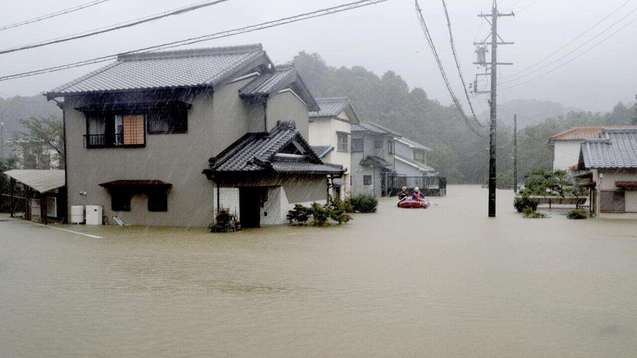 A residential area in Ise, Mie Prefecture, central Japan, is flooded on Oct. 12, 2019, ahead of the arrival of Typhoon Hagibis, which is expected to make landfall in eastern Japan later in the day. (Kyodo via AP Images) ==Kyodo