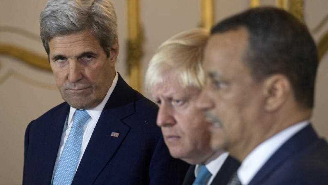 Making a joint statement on Yemen, with left - right, US Secretary of State John Kerry, British Foreign Secretary Boris Johnson and UN Special Envoy for Yemen