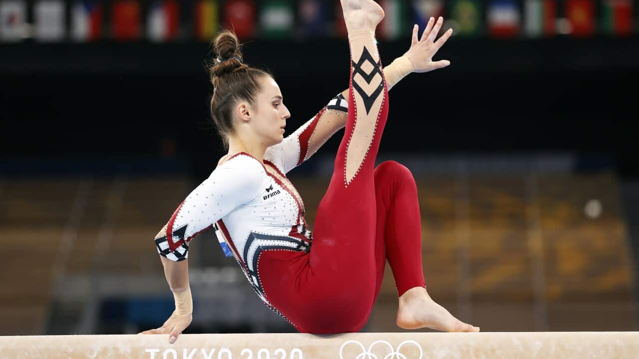 Pauline Schaefer-Betz of Germany competes on the Balance Beam during the Women's Qualification of the Tokyo 2020 Olympic Games Artistic Gymnastics events at the Ariake Gymnastics Centre in Tokyo, Japan, 25 July 2021. EPA/HOW HWEE YOUNG