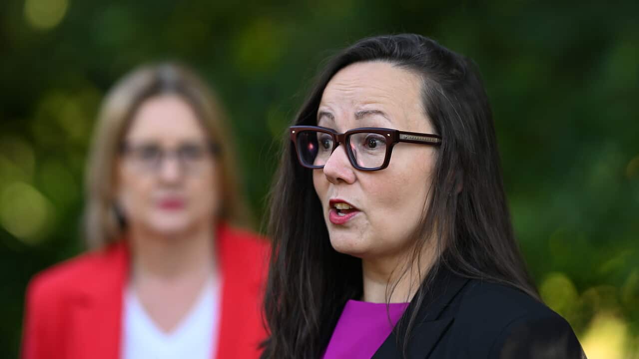 (L-R) Victorian Minister for Health Harriet Shing speaking to media at a press conference at the Parliament of Victoria in Melbourne, Tuesday, March 4, 2025, when she was Minister for Housing. (AAP Image/James Ross) NO ARCHIVING