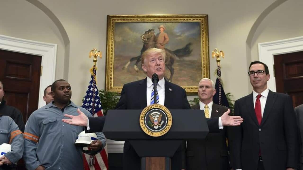 President Donald Trump speaks to the media.