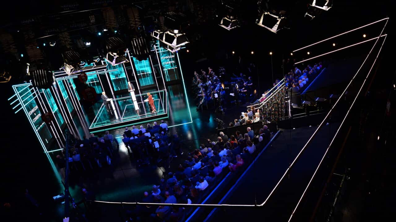 Newscaster Julie Etchingham, Boris Johnson and Jeremy Corbyn during the Election head-to-head debate on ITV