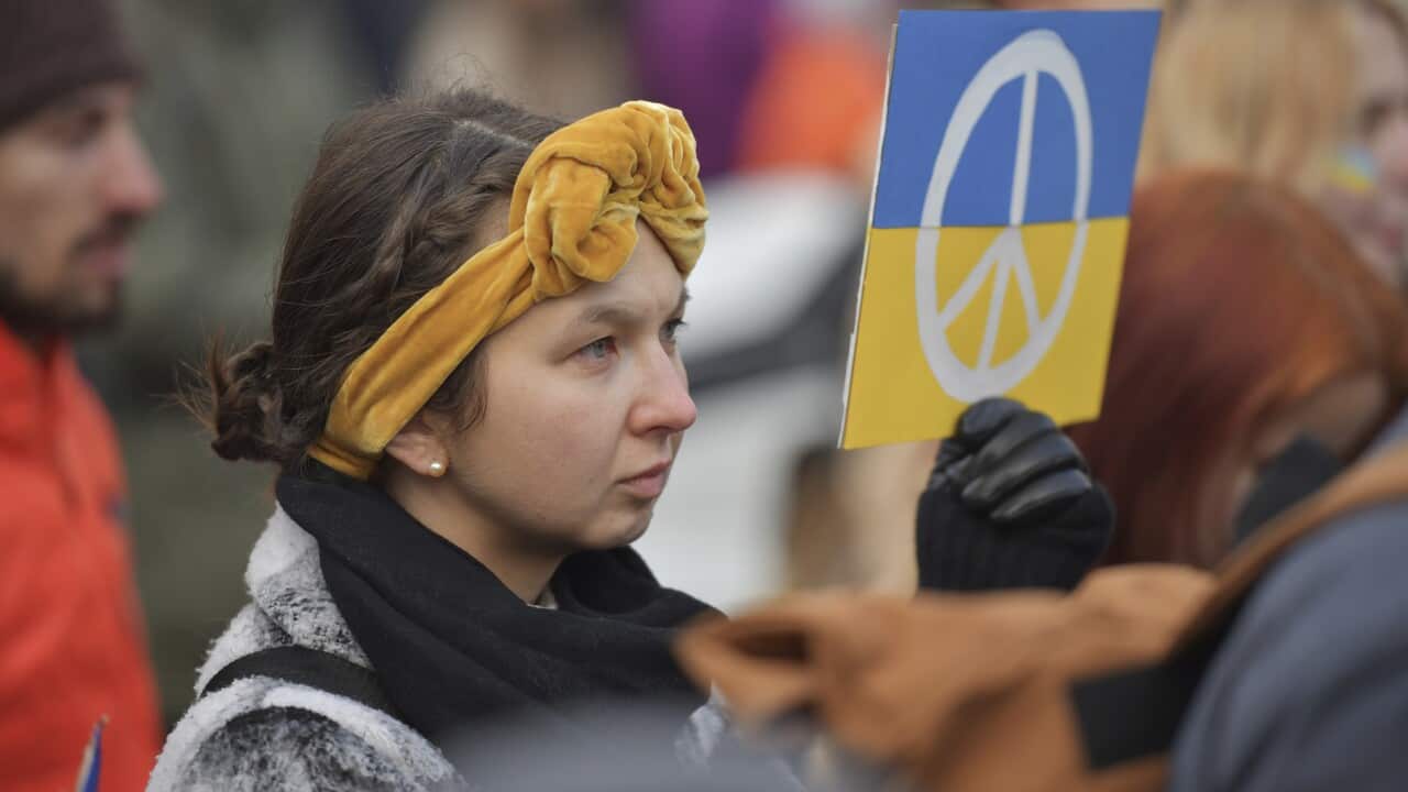 People at a protest rally. A person is holding a sign of the Ukrainian flag's colours overlaid with a white peace sign.