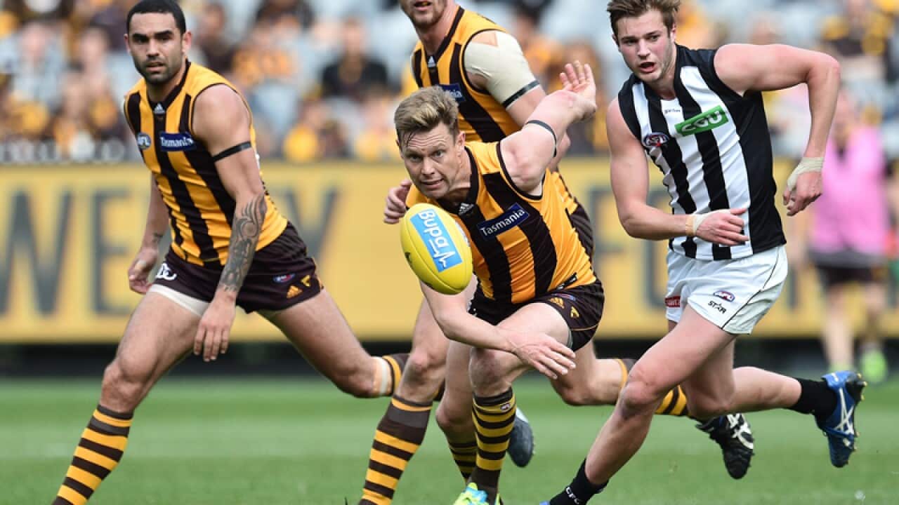 Sam Mitchell of the Hawks (centre) is seen in action