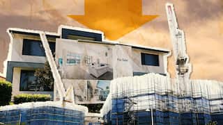 Collage showing a newly built house for sale alongside cranes and residential construction sites.