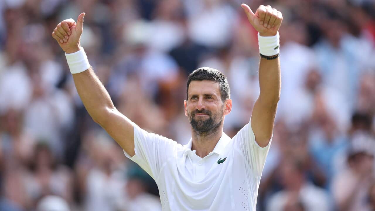 Novak Djokovic of Serbia celebrates winning his Mens Singles fourth round match against Roman Safiullin of Russia at the Wimbledon Championships in London, Britain, 05 July 2026. EPAADAM VAUGHAN