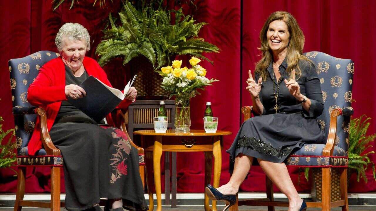 Sister Joan Chittister with Maria Shriver in Erie, Pa., in 2015.