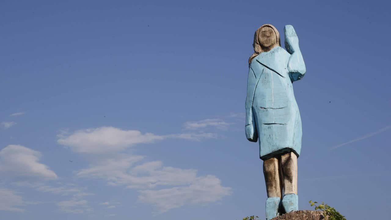 The sculpture of US first lady Melania Trump that was torched near her hometown of Sevnica