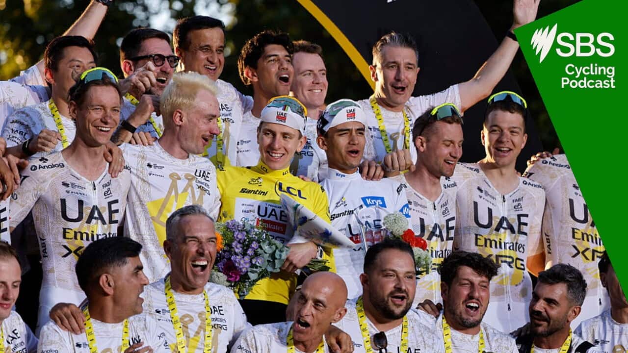PARIS, FRANCE - JULY 26: Team UAE Emirates - XRG with Tadej Pogacar, Isaac del Toro, Felix Grossschartner, Brandon Mcnulty, Nils Politt, Florian Vermeersch, Tim Wellens and the staff celebrate during the podium ceremony following Stage 21 of the 113th Tour de France 2026, final stage of 88,7 km between Paris Champs Elysees and Paris Champs Elysees on July 26, 2026 in Paris, France. (Photo by Jean Catuffe/Getty Images)