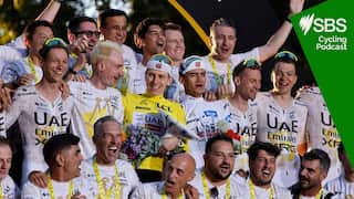 PARIS, FRANCE - JULY 26: Team UAE Emirates - XRG with Tadej Pogacar, Isaac del Toro, Felix Grossschartner, Brandon Mcnulty, Nils Politt, Florian Vermeersch, Tim Wellens and the staff celebrate during the podium ceremony following Stage 21 of the 113th Tour de France 2026, final stage of 88,7 km between Paris Champs Elysees and Paris Champs Elysees on July 26, 2026 in Paris, France. (Photo by Jean Catuffe/Getty Images)