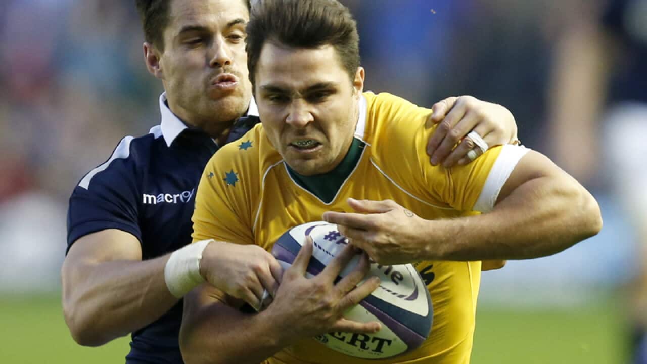 Scotland's Sean Maitland takes on Australia's Nick Phipps