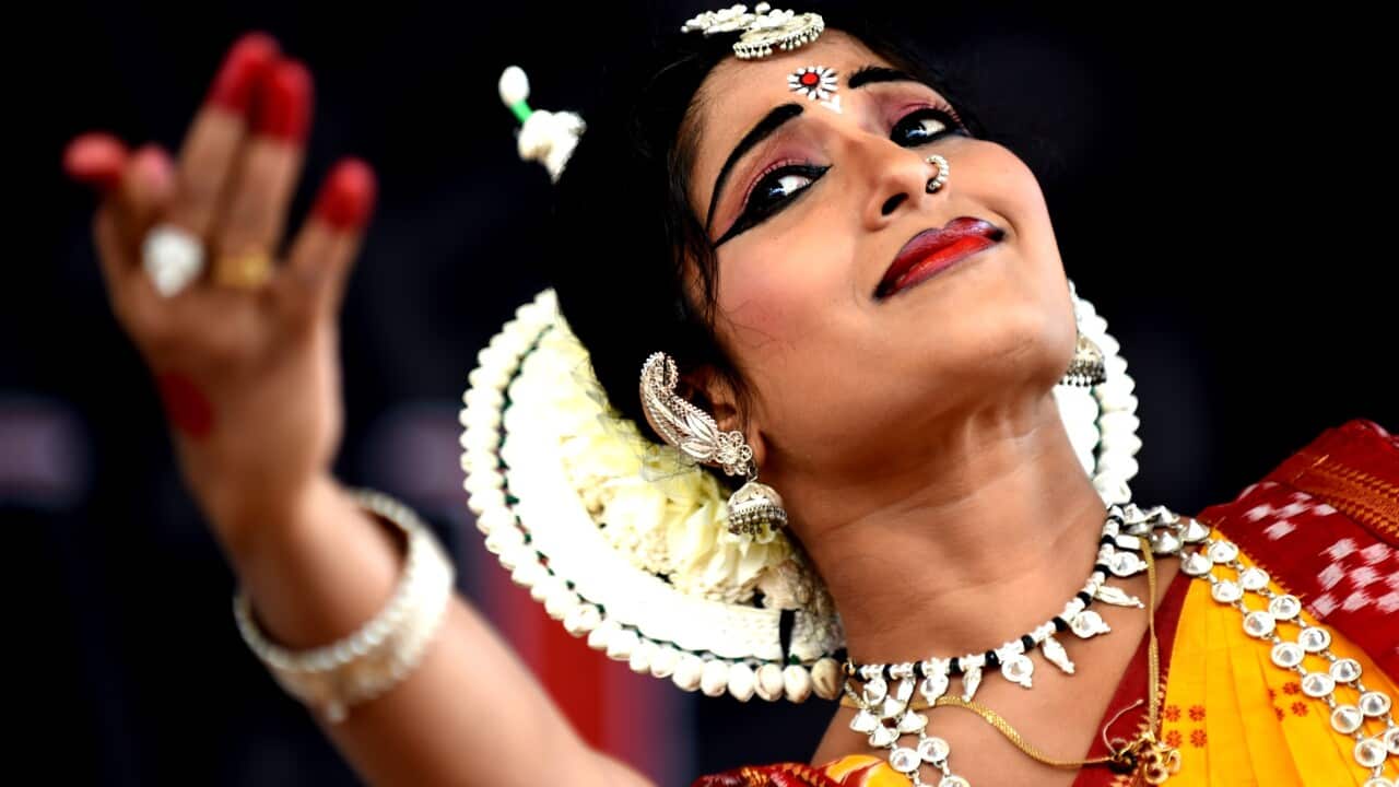 Indian dancer Manaswani performs with the Raminder Khurana group during Diwali celebrations at Federation Square in Melbourne