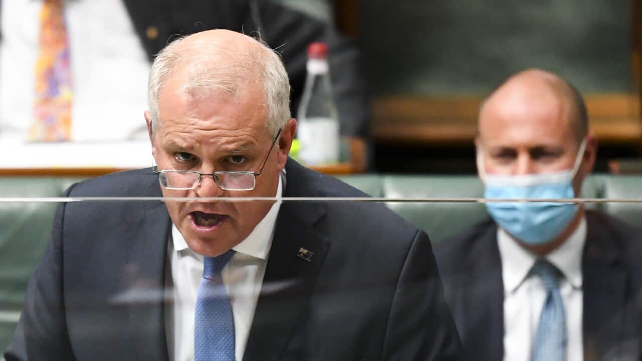 Australian Prime Minister Scott Morrison speaks during House of Representatives Question Time at Parliament House in Canberra, Monday, February 14, 2022. (AAP Image/Lukas Coch) NO ARCHIVING