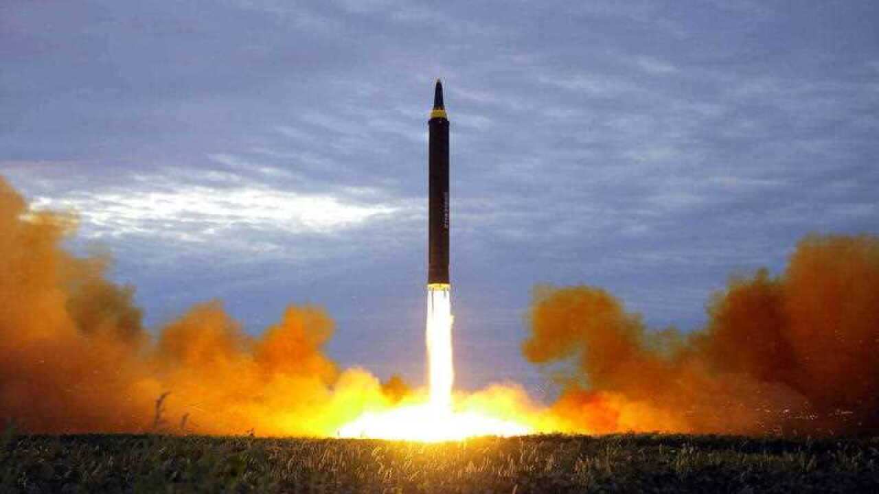 File photo distributed by the North Korea government, said to be the teat launch of a Hwasong-12 intermediate range missile from Pyongyang, North Korea