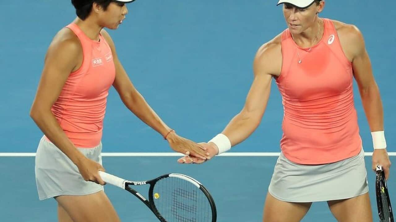 Samantha Stosur (right) and partner Shuai Zhang