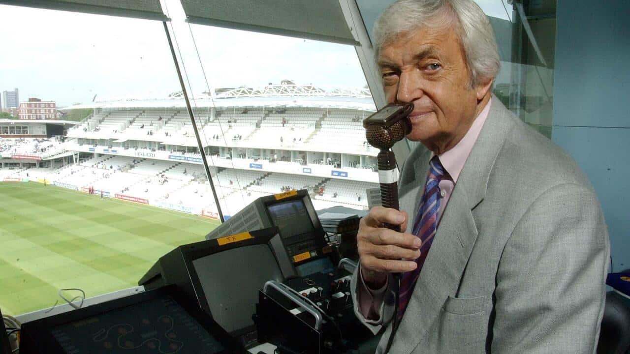 Channel 4 cricket presenter Richie Benaud in his commentary box its his 500th test as a player/presenter at Lords (Dempsey/PA Wire)
