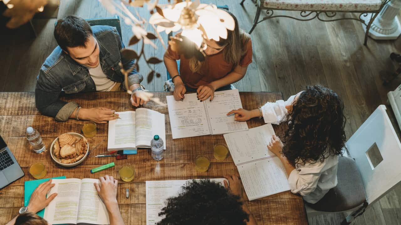 Friends studying together at home