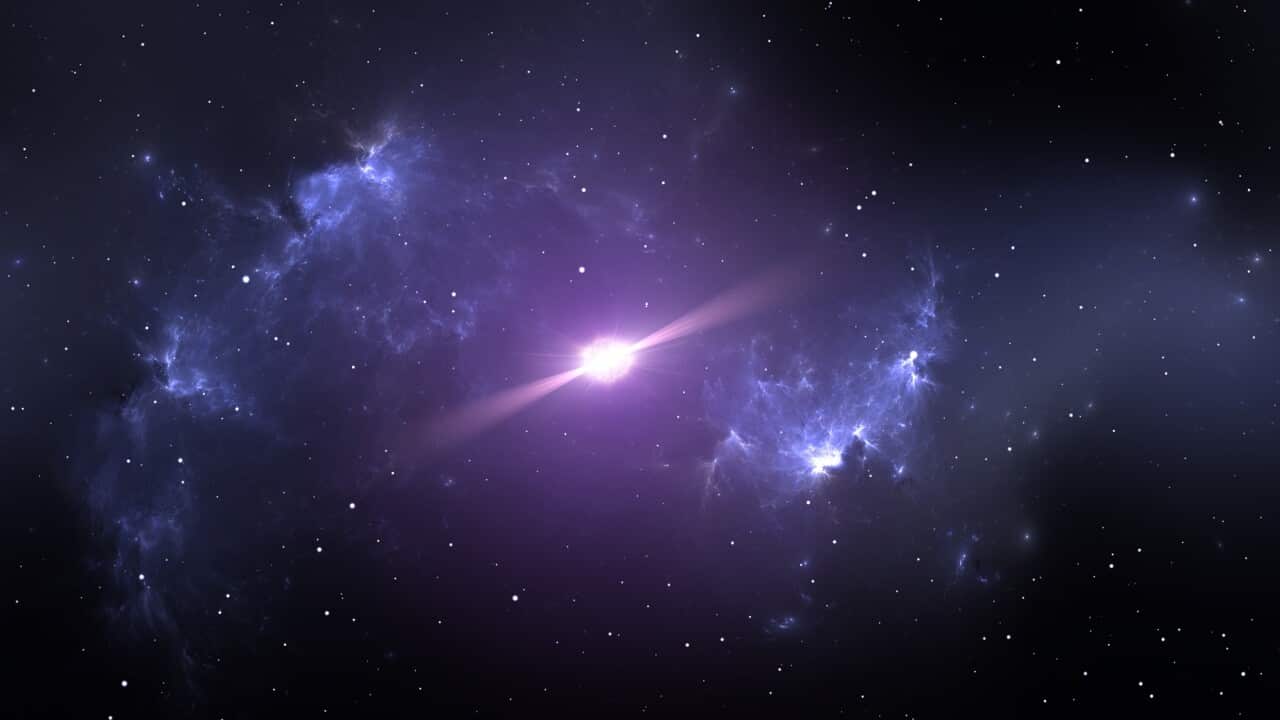 Pulsar or neutron star in the nebula. 3D illustration