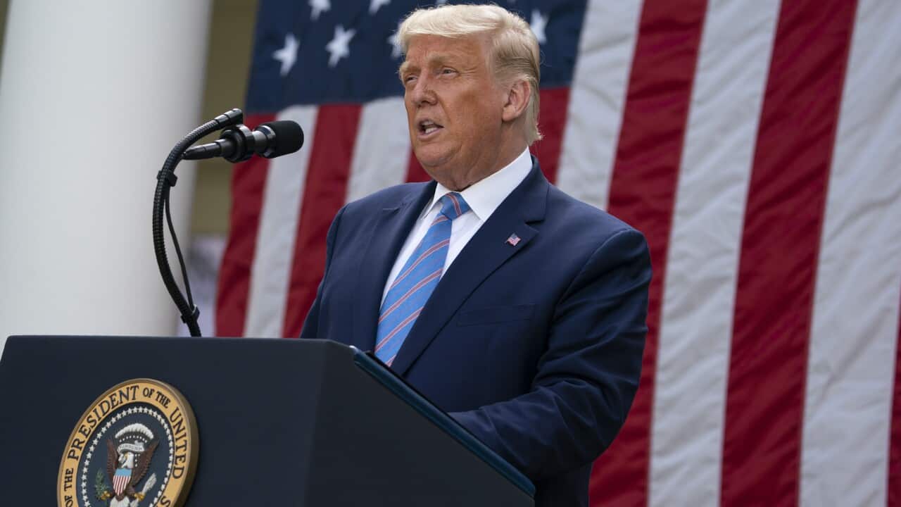 President Donald Trump speaks in the Rose Garden at the White House.