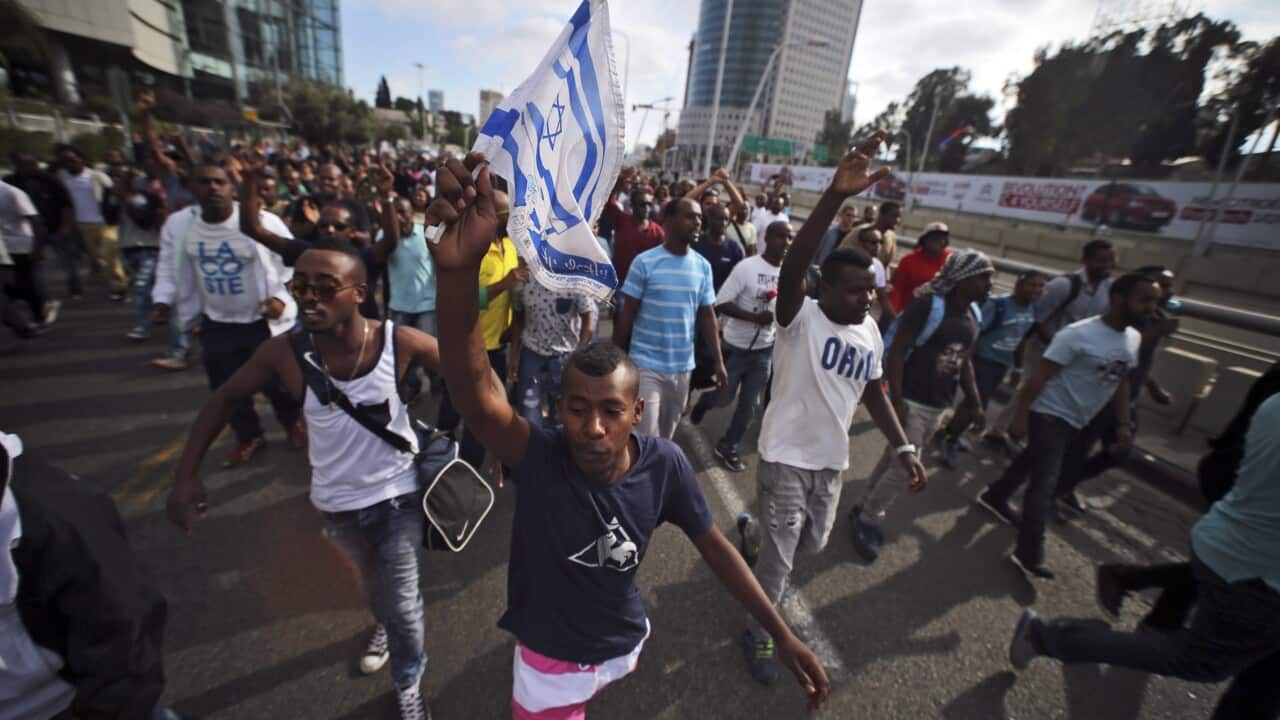 Israeli-Ethiopians protest against racism and what they say is excessive aggression by Israeli police, in Tel Aviv, Israel, 3 May 2105. (EPA/DANIEL BAR ON)