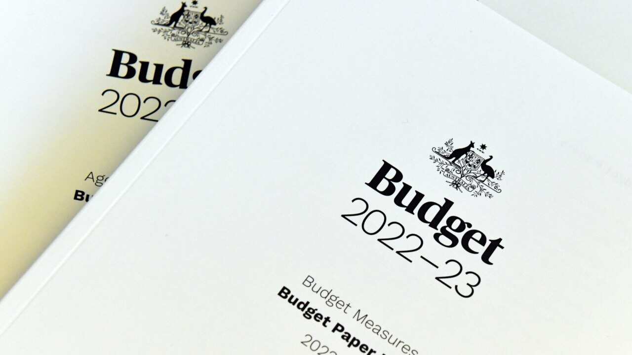 The 2022-2023 Budget books at Parliament House in Canberra