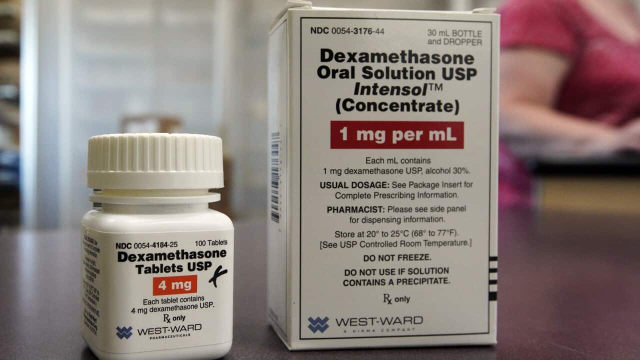 Packages of Dexamethasone on display in a pharmacy