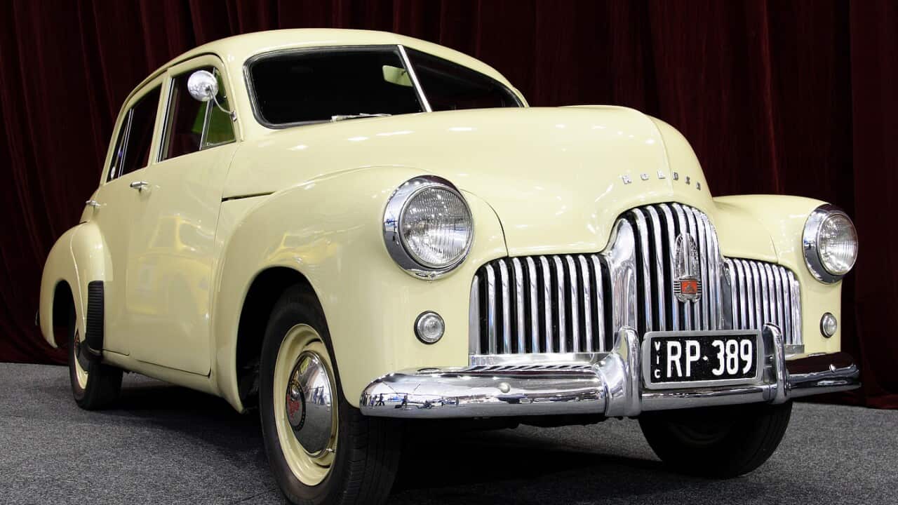 1949 Holden 48-215 sedan, photographed at the 2009 Melbourne International Motor Show, Southbank, Victoria, Australia.