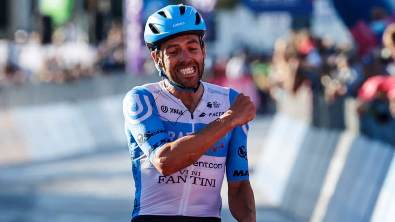 Team Israel Start-Up Nation rider Alex Dowsett celebrates his Stage 8 victory at the Giro d'Italia