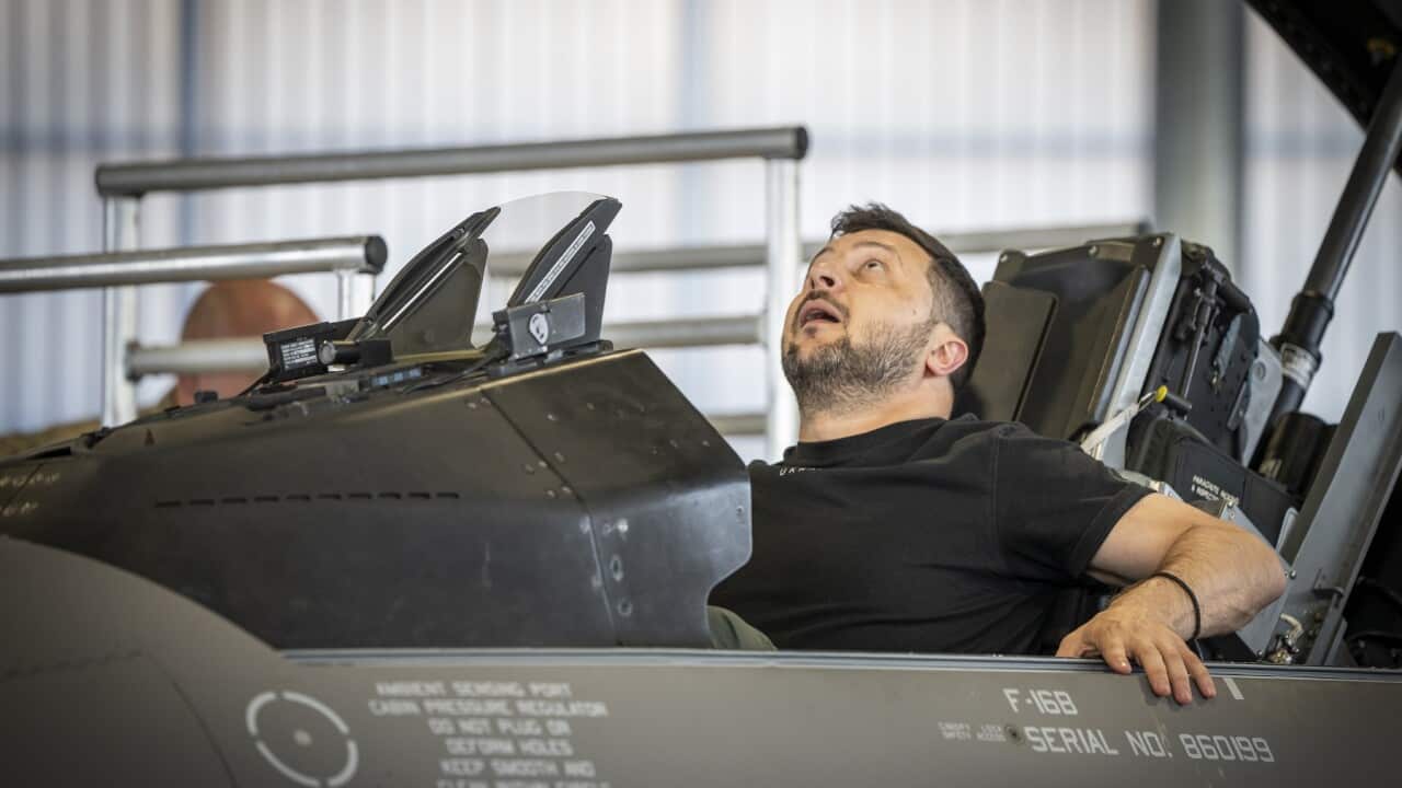 Ukrainian President Volodymyr Zelenskyy sits in a F-16 fighter jet at Skrydstrup Airbase, in Vojens, Denmark