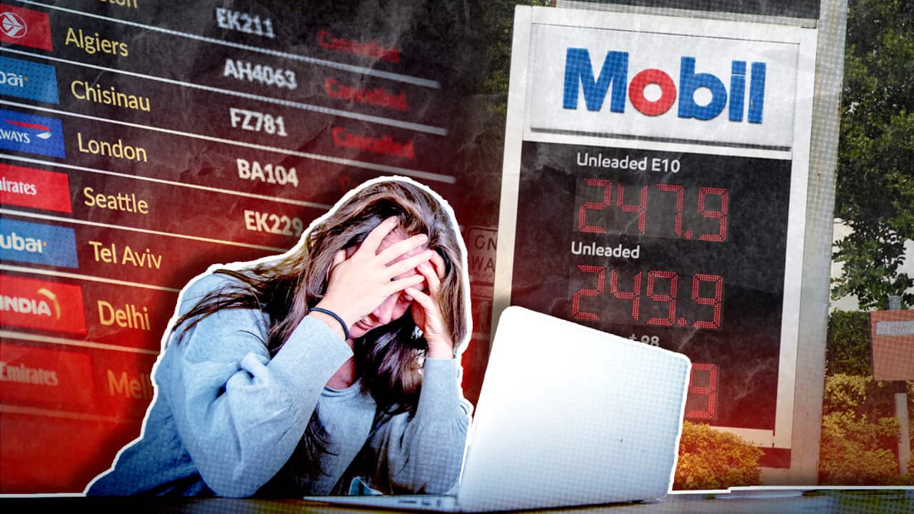 A stressed woman sits at a laptop, framed by a background collage featuring an airport departure board with cancelled flights and a Mobil gas station sign displaying high fuel prices.