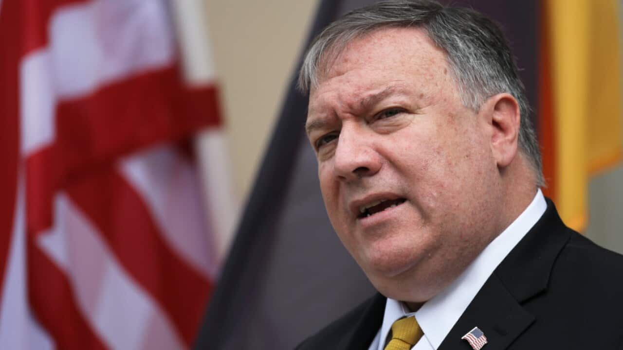 United States Secretary of State Mike Pompeo attends a news conference with German Foreign Minister Heiko Maas at the foreign ministry's guest house Villa Borsig in Berlin, Germany, Friday, May 31, 2019 (AAP)