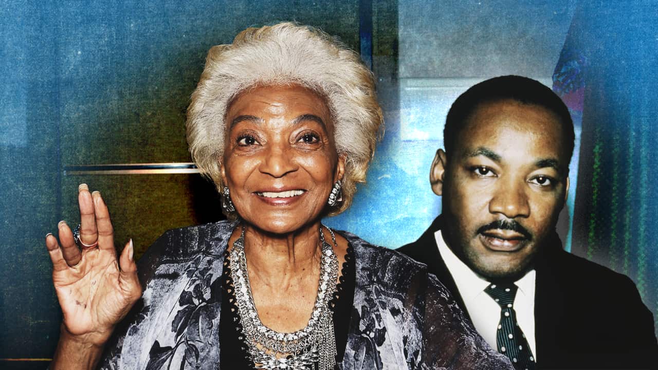 Composite image of Nichelle Nicholls (left) and Martin Luther King Jr (right)