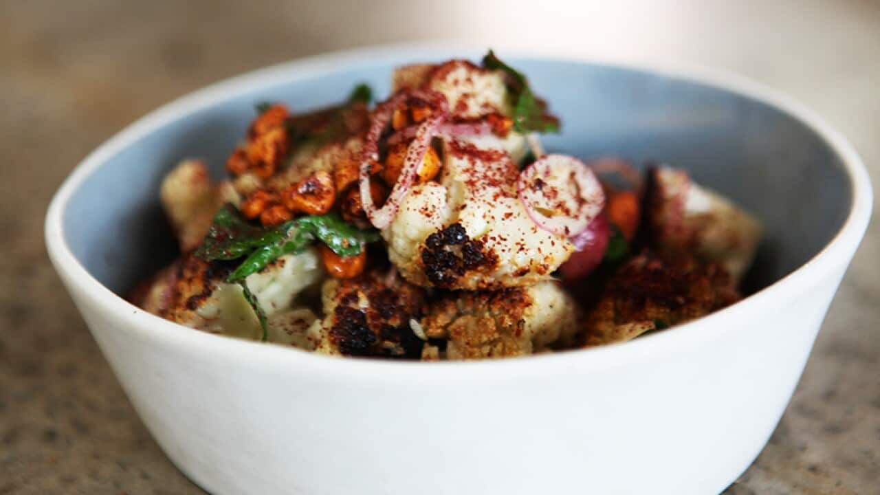 Roasted cauliflower salad with pickled grapes