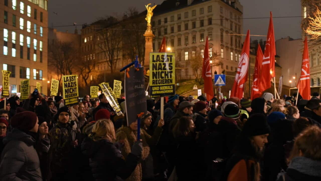 A protest against Austria's far-right holding its so-called Academics Ball in Vienna, Austria