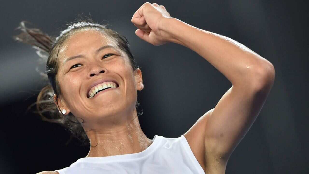 Taiwan's Hsieh Su-Wei celebrates her victory over Poland's Agnieszka Radwaska during their women's singles third round match on day six of the Australian Open