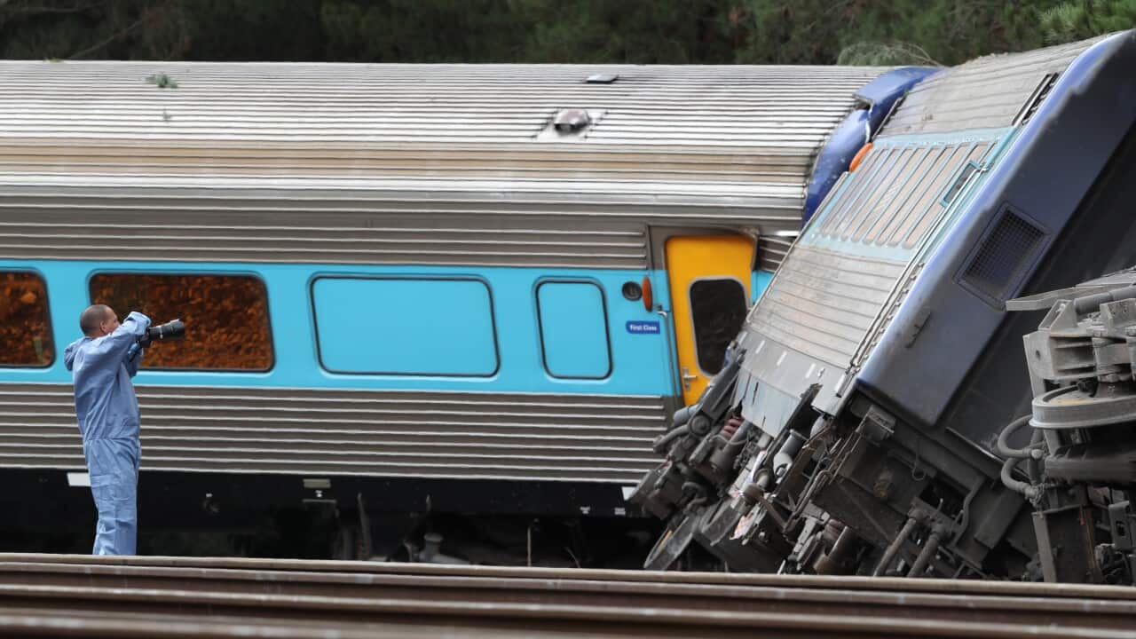 The scene of an XPT train derailment at Wallan, north of Melbourne.