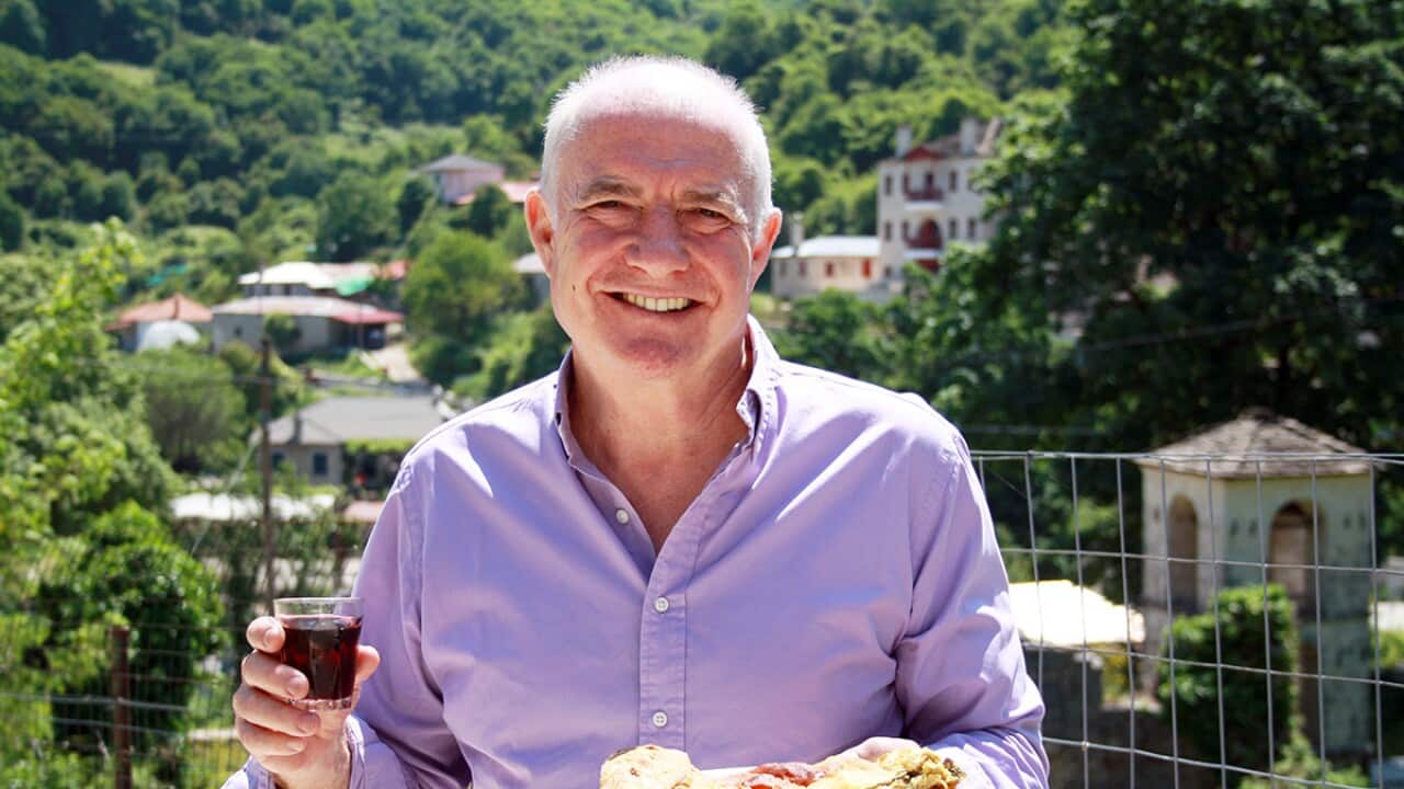 Rick Stein enjoying homemade Greek pie in Asprageli Village, Northern Greece