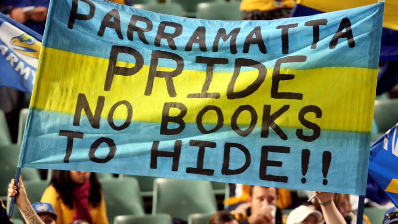 Parramatta Eels' supporters display a banner
