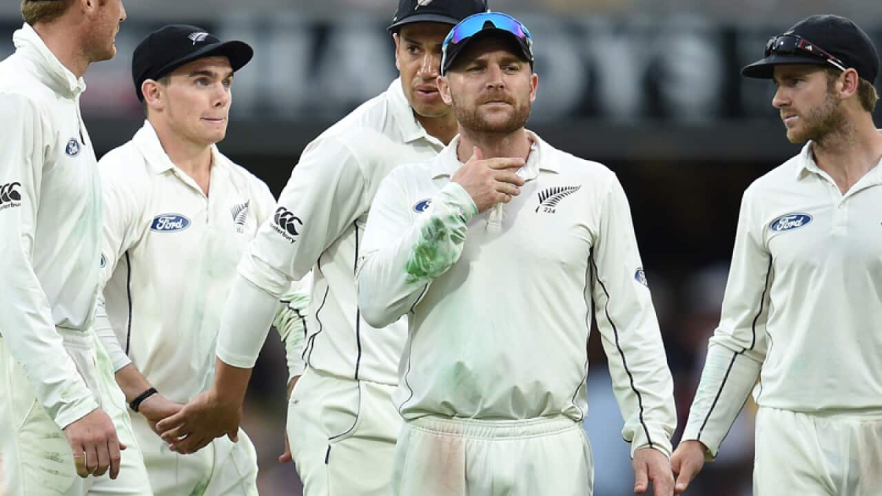 The Kiwis walk from the field at stumps.