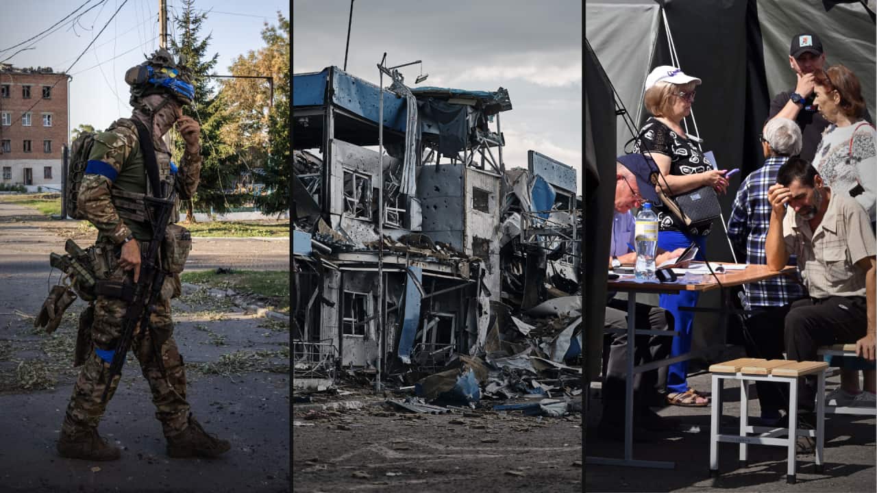 A split image. On the left is a Ukrainian soldier standing outside. In the middle is a destroyed building. On the right are people talking outside tents; some are seated and others are standing.