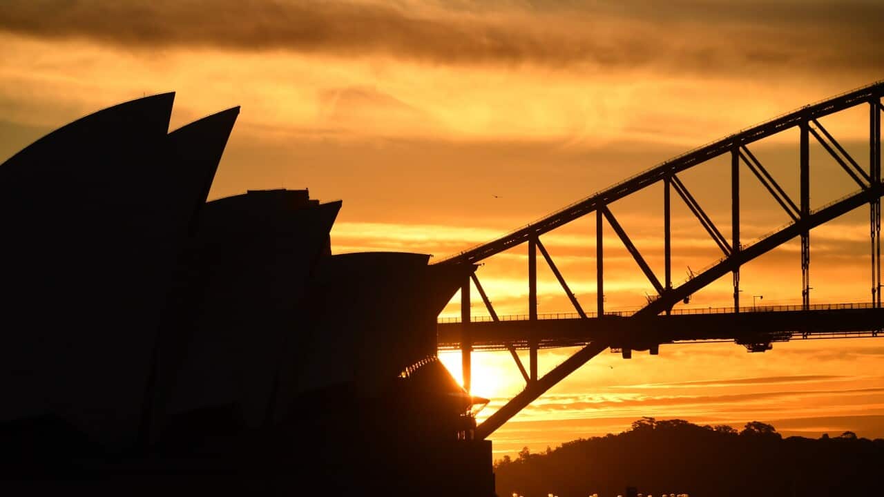 The Sydney Harbour Bridge and Opera House at sunset
