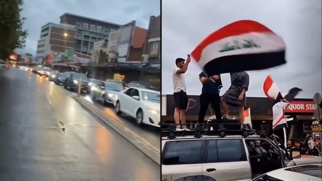 A spilt image. On the left is cars at a standstill. On the right is people celebrating, with some standing on top of a car waving flags.