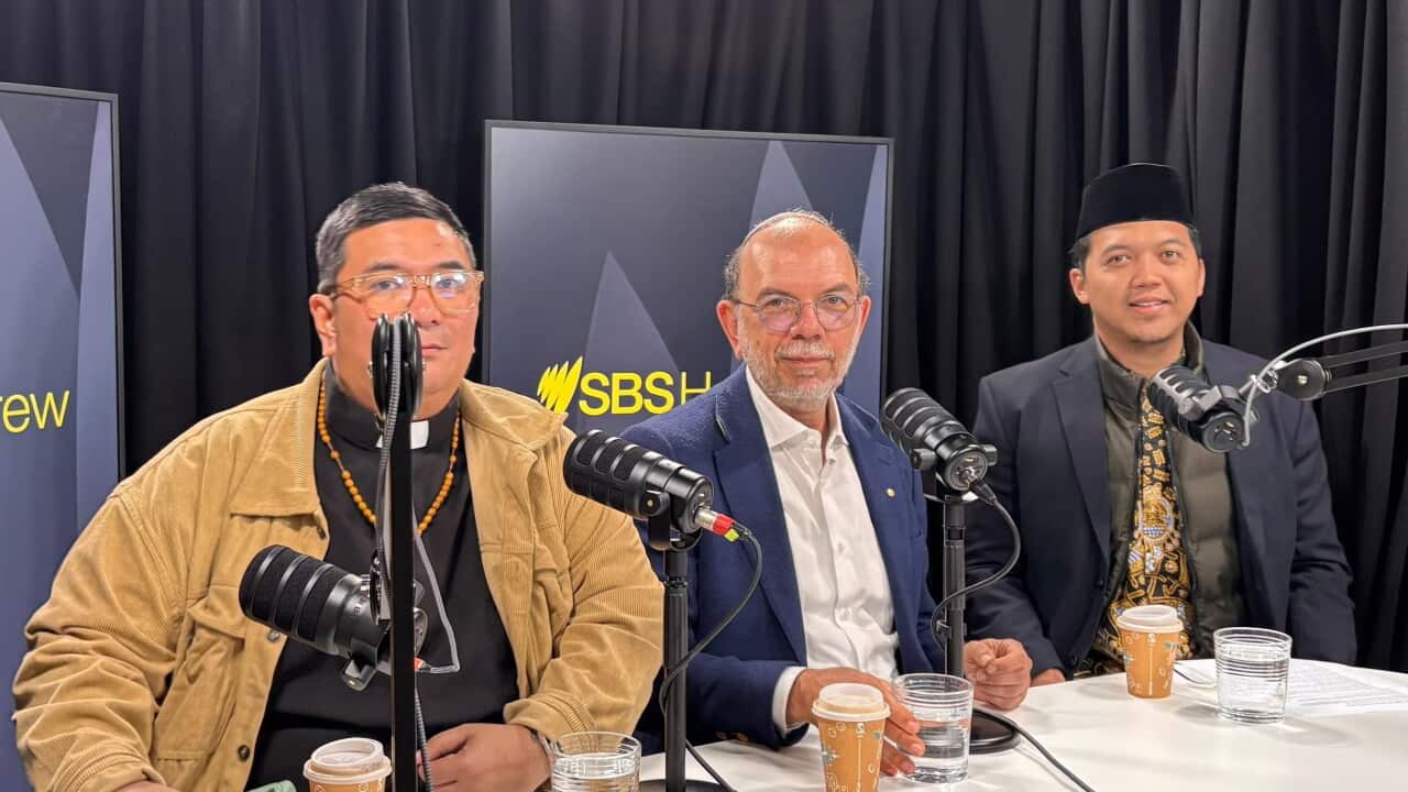 L - R: Father Adrian, Rabbi Ralph, and Ustadz Niki Alma Febriana Fauzi, at SBS's Melbourne studio during the final week of the 1000 Abrahamic Circle Project in August 2026.