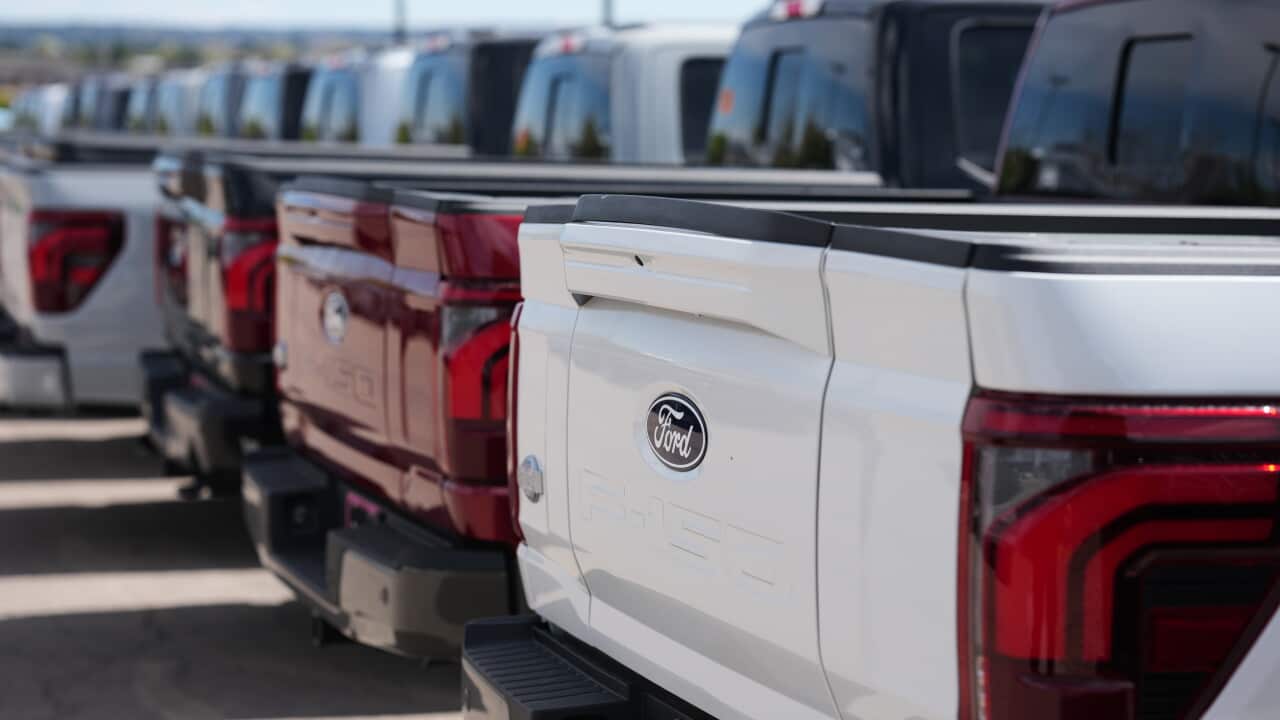 A line of large American-style pickup trucks.