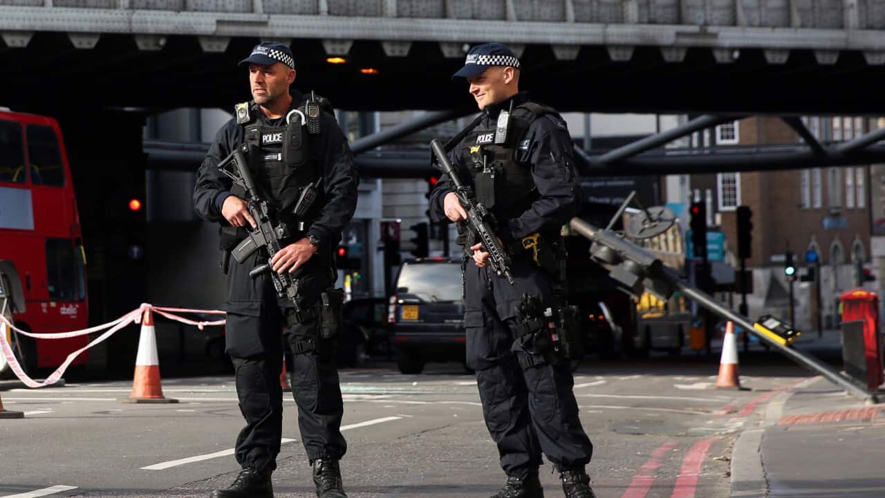 Armed police guard an area close to Borough Market in London following Saturday's terrorist attack.. Picture date: Monday June 5, 2017. See PA story POLICE Bridge. Photo credit should read: Isabel Infantes/PA Wire