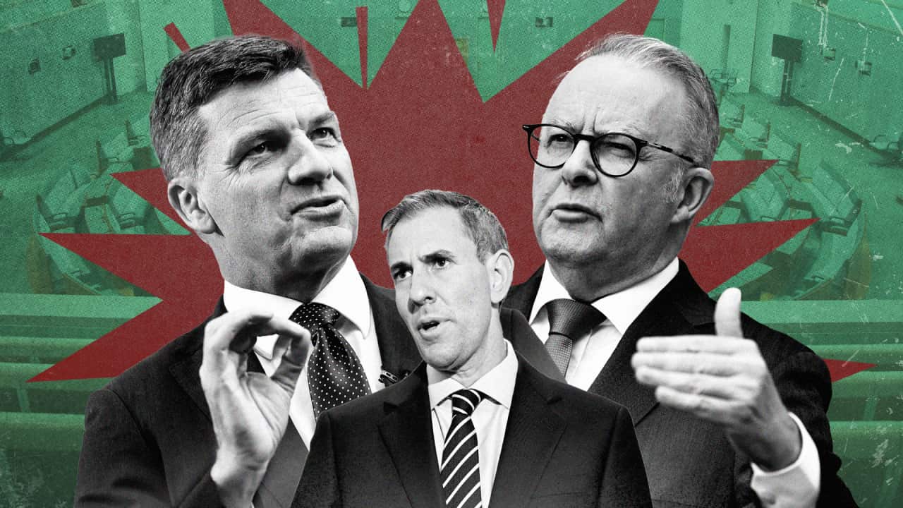 Anthony Albanese, Jim Chalmers and Angus Taylor amid debate over Labor’s proposed trust tax reforms.