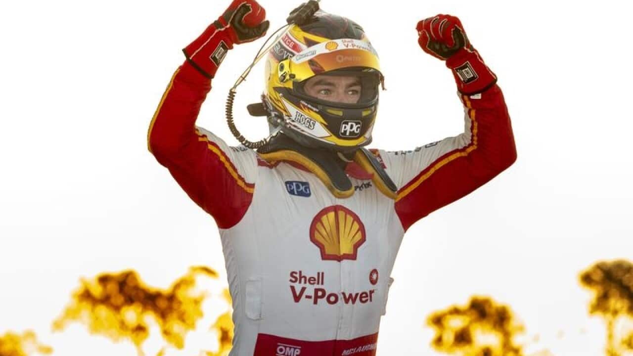 Supercars driver Scott McLaughlin celebrates.