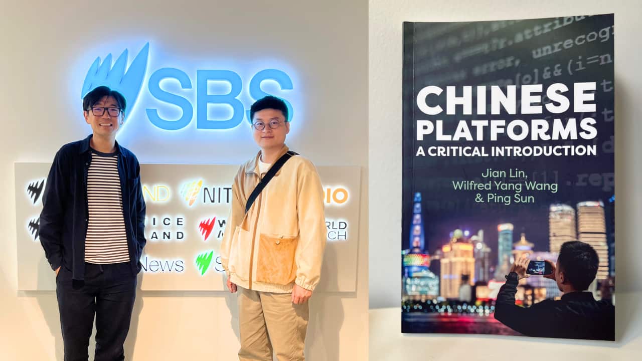 Dr Jian Lin of The Chinese University of Hong Kong and Dr Wilfred Yang Wang of the University of Melbourne, pictured together as guests on an SBS Mandarin podcast discussing Chinese Platforms..png